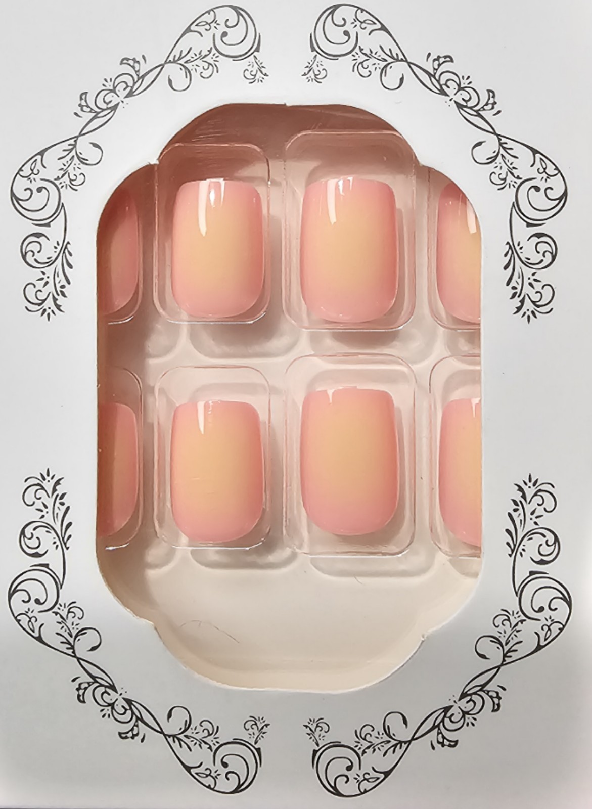 Press-On Nails Pink Yellow-Orange French Styled Ombre Short Shiny Squared Finish