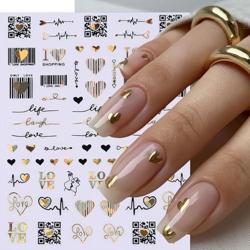 6 Sheets Valentines Heart Nail Art Stickers Black Gold Heart-Shaped 3D heart