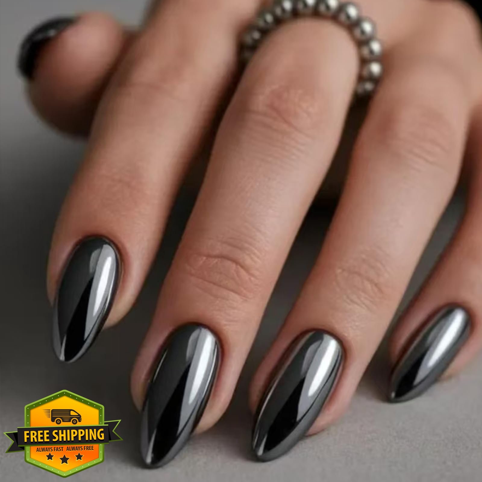 SEMATA Black Chrome Almond Press on Nails Medium Acrylic 24Pcs Bling