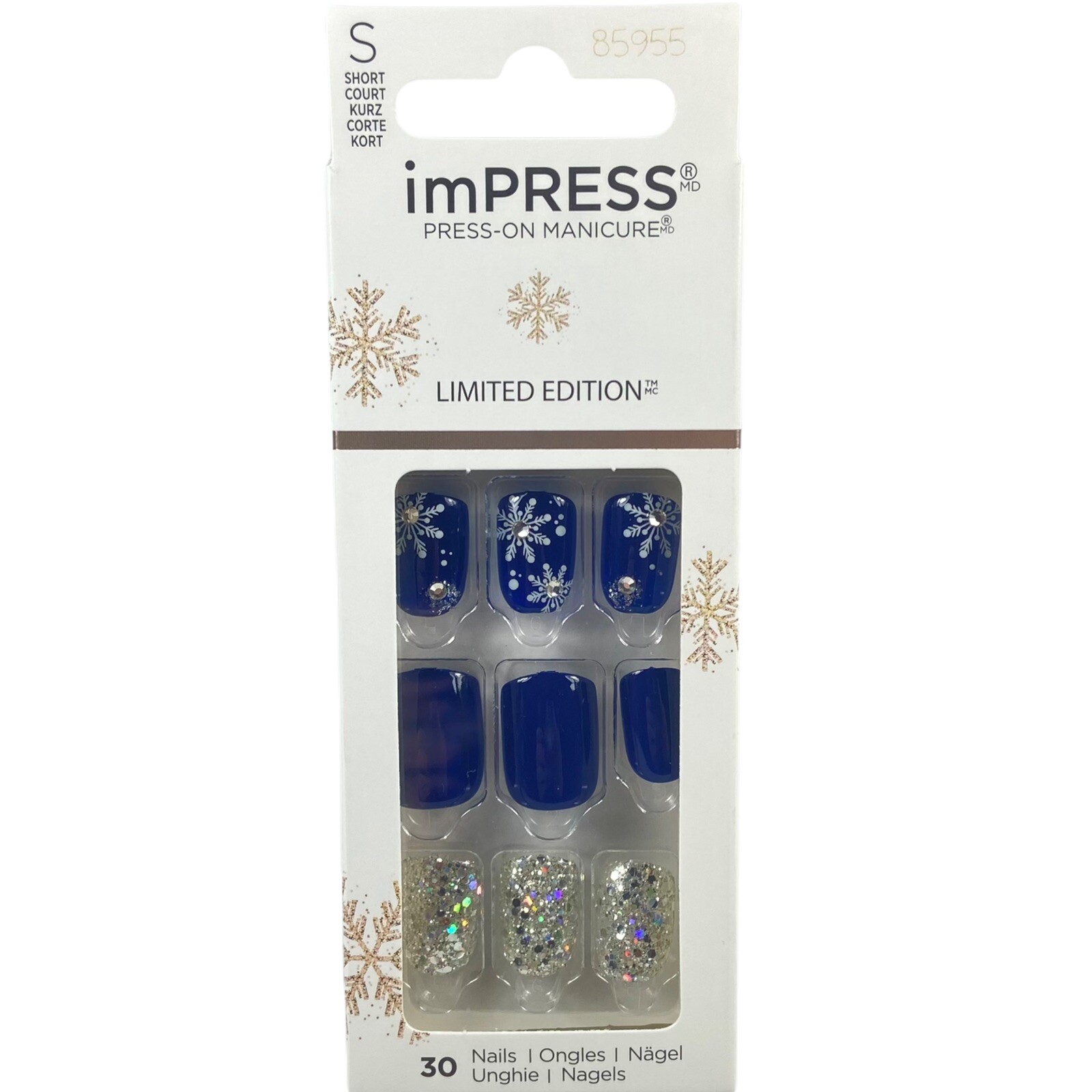 NEW Kiss Nails Impress Press On Manicure Short Gel Dark Blue Snowflake Christmas
