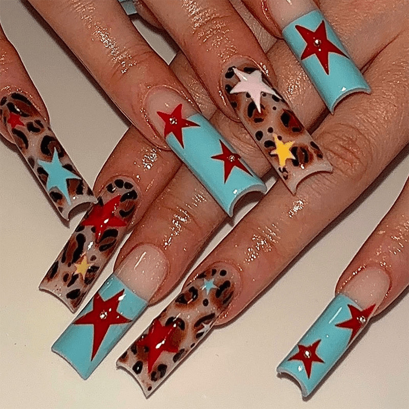 48pcs Long Square Press on Nails, Leopard Print Star Y2K Trendy Nail Art