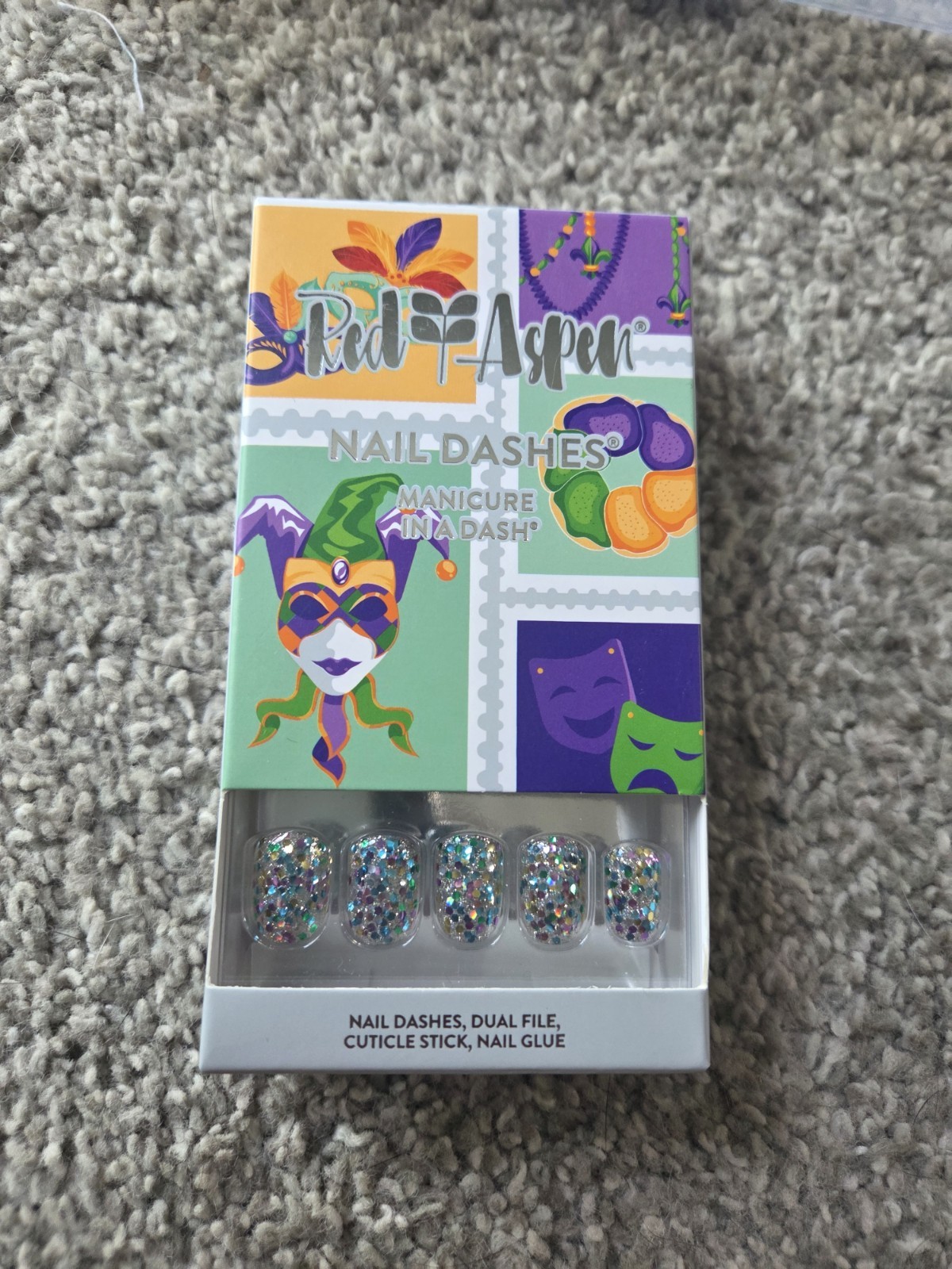 Red Aspen Nail Dashes Press-On Nails Mardi Gras Multicolor Glitter Square