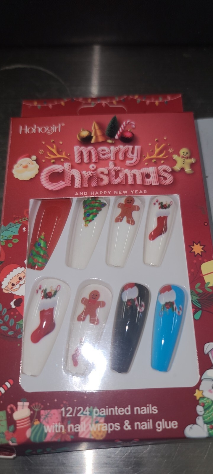 Christmas Press on Nails Medium Coffin Fake Nails with Christmas Tree Design Gli