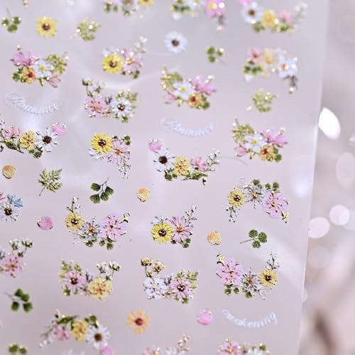 Flower Nail Stickers Colorful Pink Yellow Gold Nail Decals Floral Daisy Style29