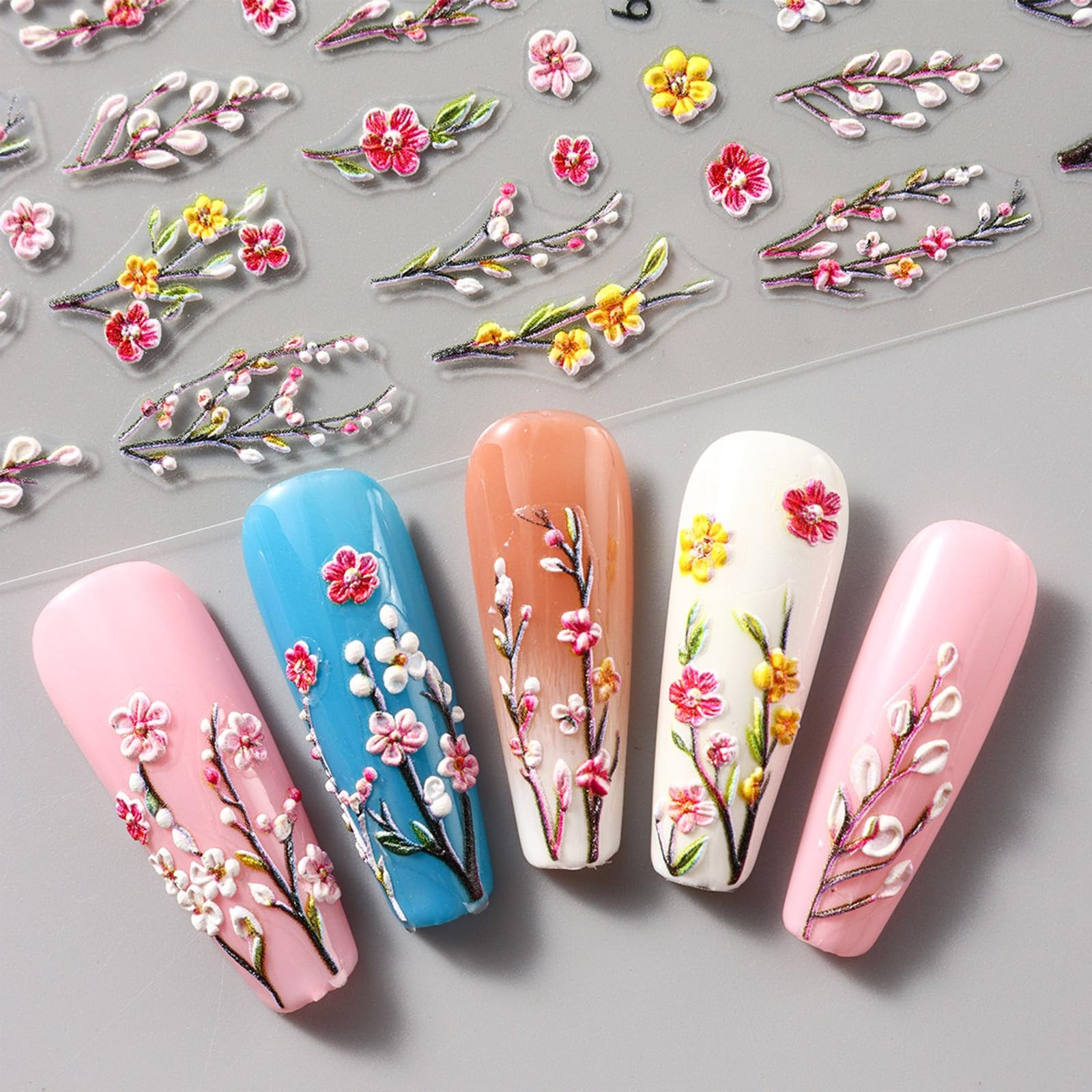 4 Sheets Elegant Spring Flower Nail Multicolour, Green, Orange, Yellow