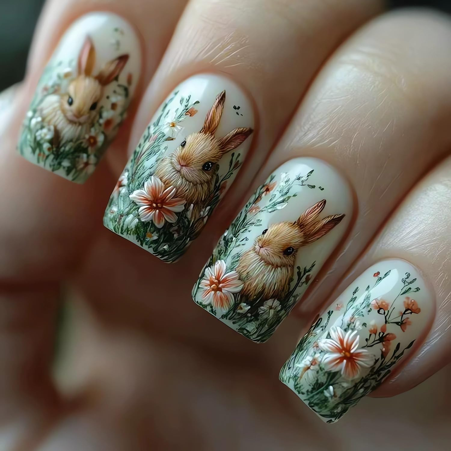 SINSEN Flower Press on Nails Short, Square Shape Spring Fake Nails, Embossed Eas
