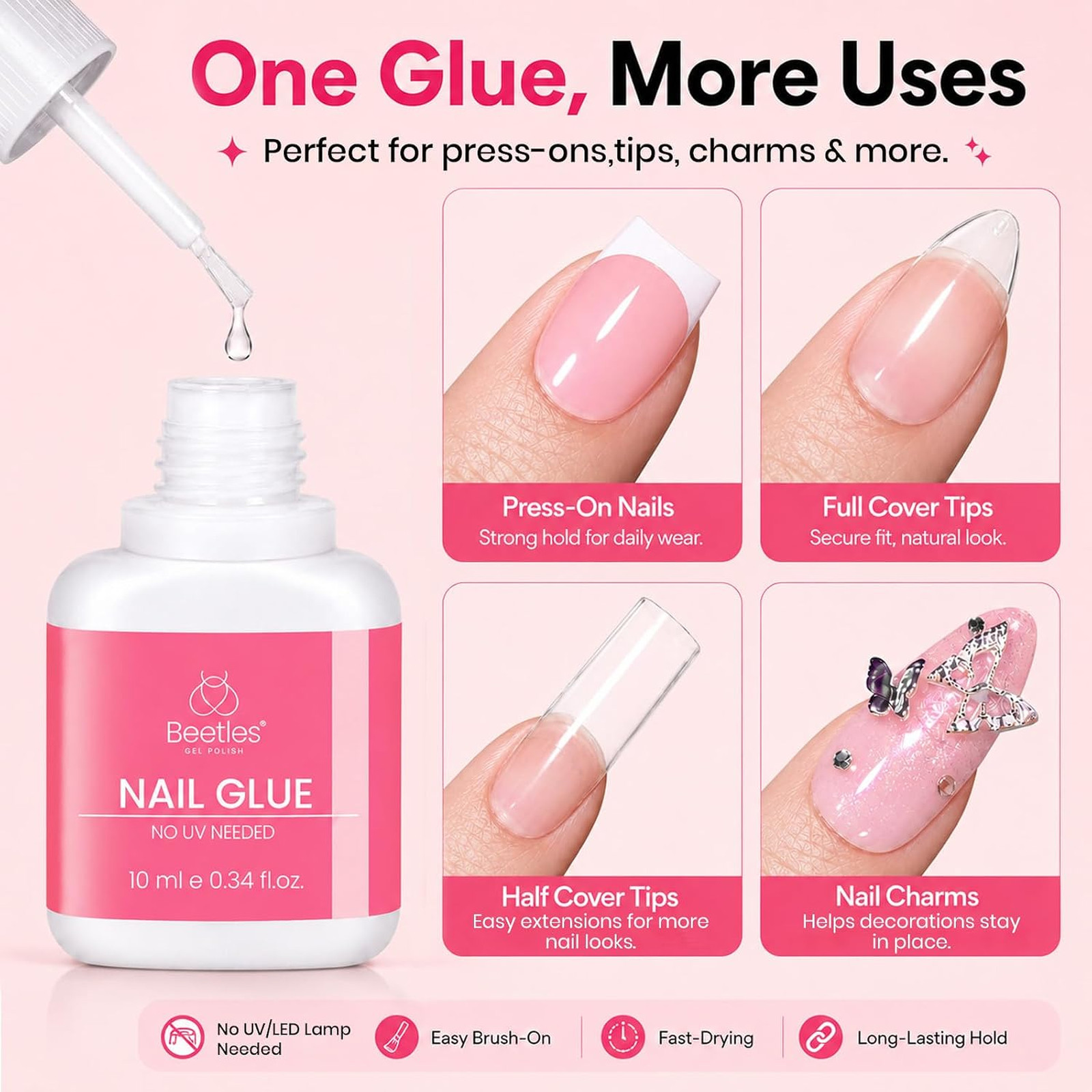 Press On Nail Glue 10ml Fast-Drying Strong Adhesive with Brush for Acrylic Fake
