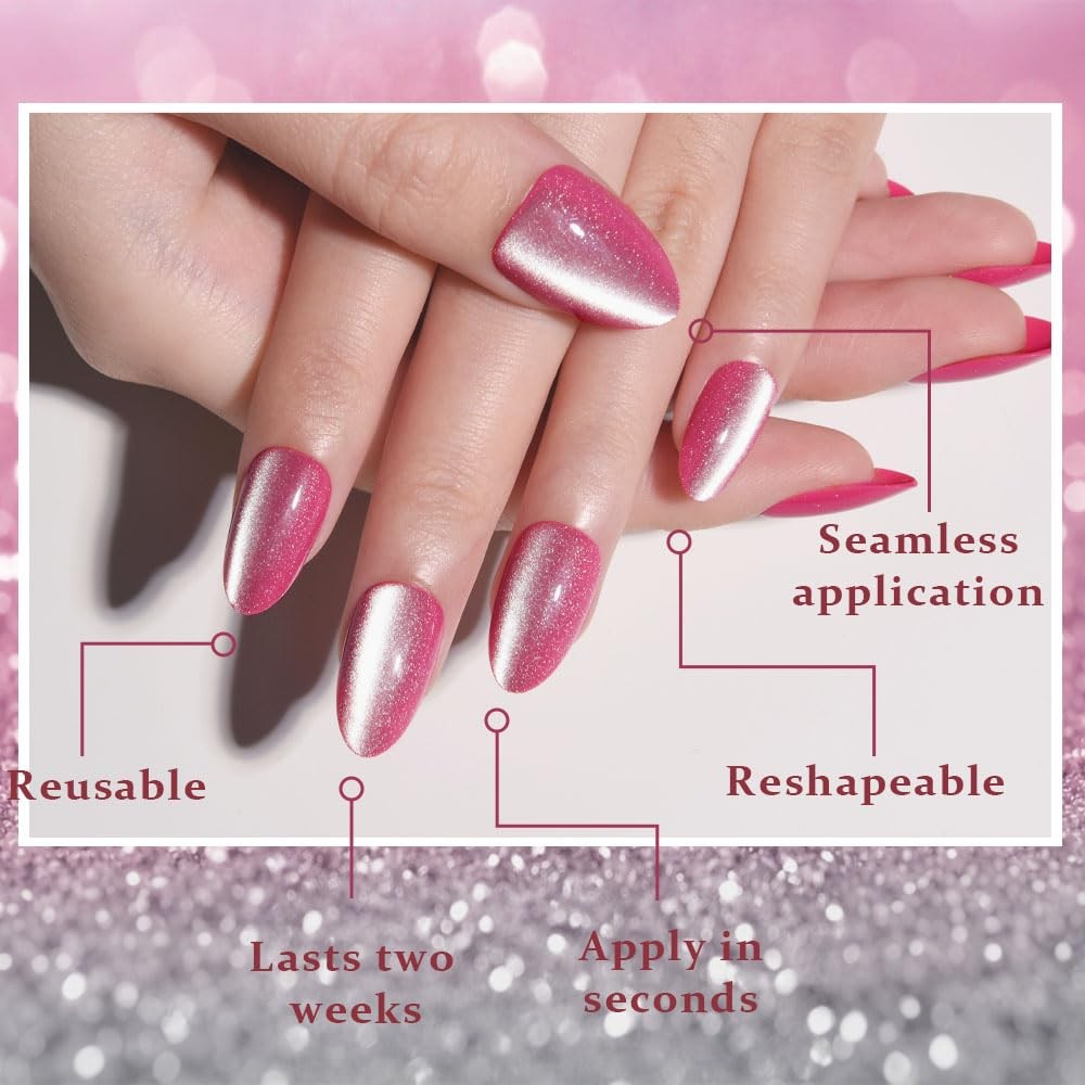 Rose Red Cat Eye Real Short Press on Nails Almond, Petite Short Almond Stick …
