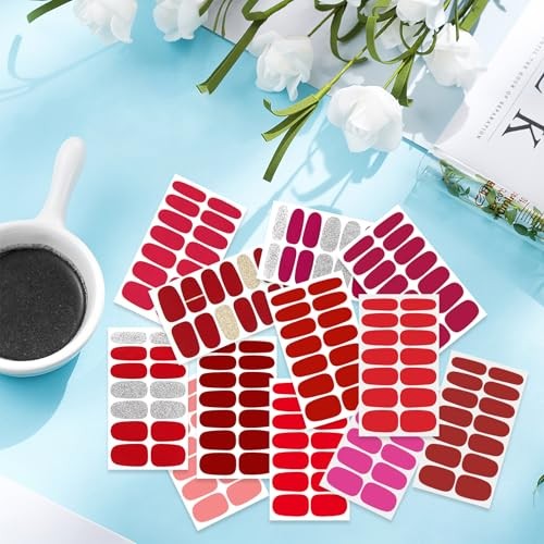 12 Sheets 168 Pcs Red Solid Nail Polish Strips for Style 5 Bright Multi-Color