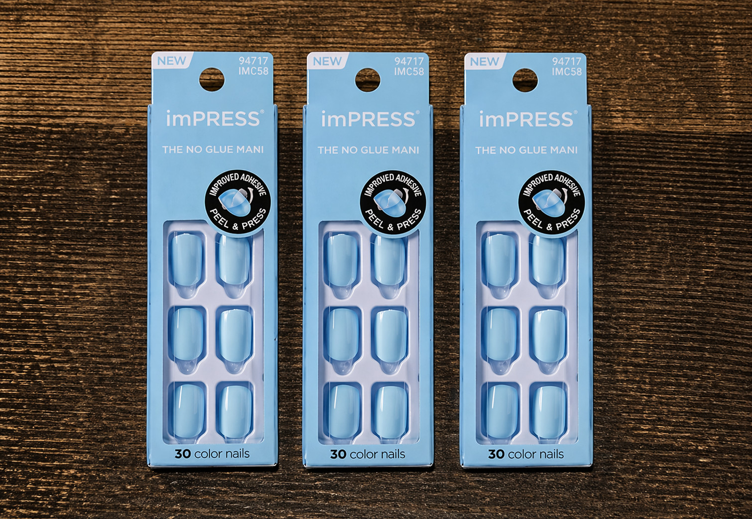 3 pack imPRESS Blue Shiny Press-On Nails 30 Count Each Box Self-Adhesive Square