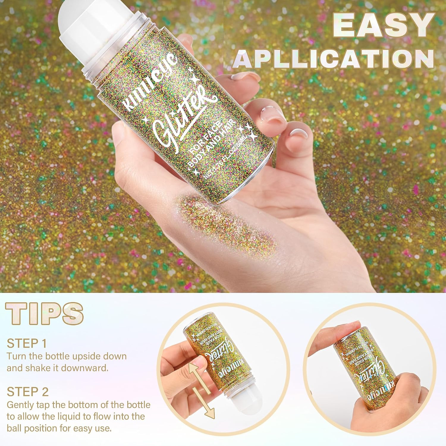 Roll-On Face Body Glitter Gel for Mardi Gras Rave Makeup, 1.69 Oz | Gold Green P
