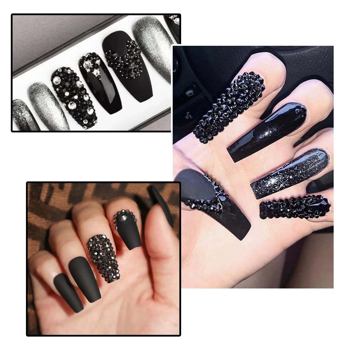 Black Nail Rhinestones Kit 3D Crystal Gems with Tweezer & Pen 2052pcs DIY Art