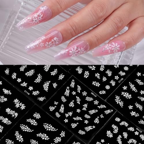 Flower Nail Stickers – 30 Sheets Spring Floral Nail Decals 3D Self White