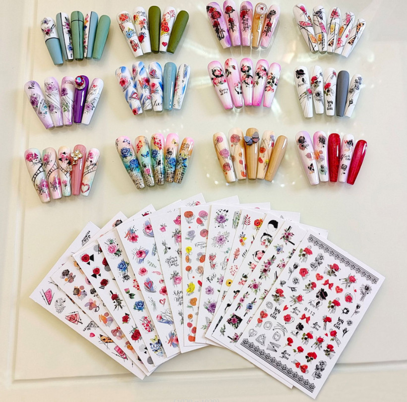 12 Sheets 3D Nail Art Sticker Rose Flower Heart Floral Decals Manicure DIY NS33