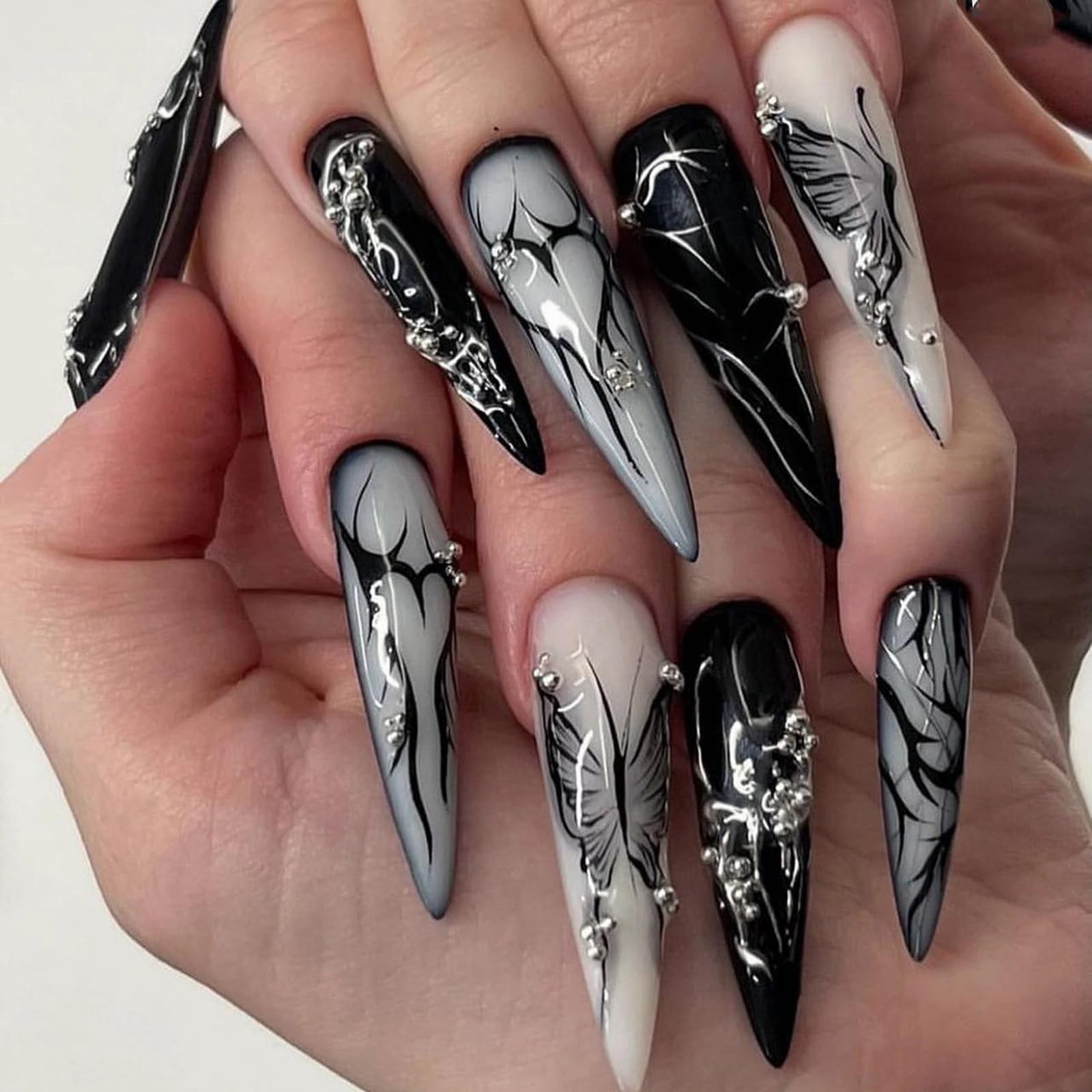 Press on Nails – Long Stiletto Glue on Nails with Goth Black, Acrylic Gothic …