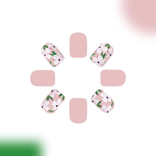 Nude Press on Nails Short Square Fake Nails with White Flower Design Green