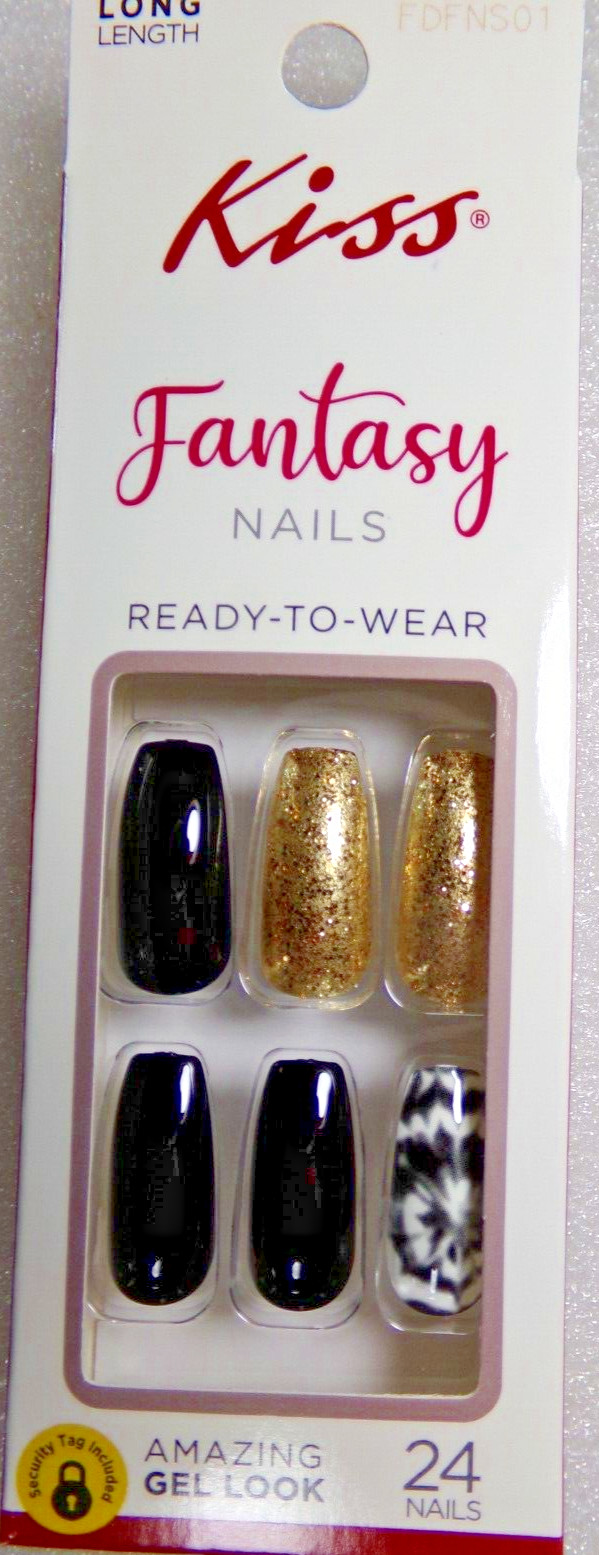 KISS NAILS GLUE ON Black & White & Gold Glitter Tie Dye LONG, COFFIN Free ship