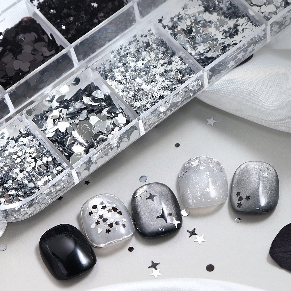 Mixed Size 1/2/3MM Silver Black Nail Glitter Sequins Heart Star Flakes for Nails