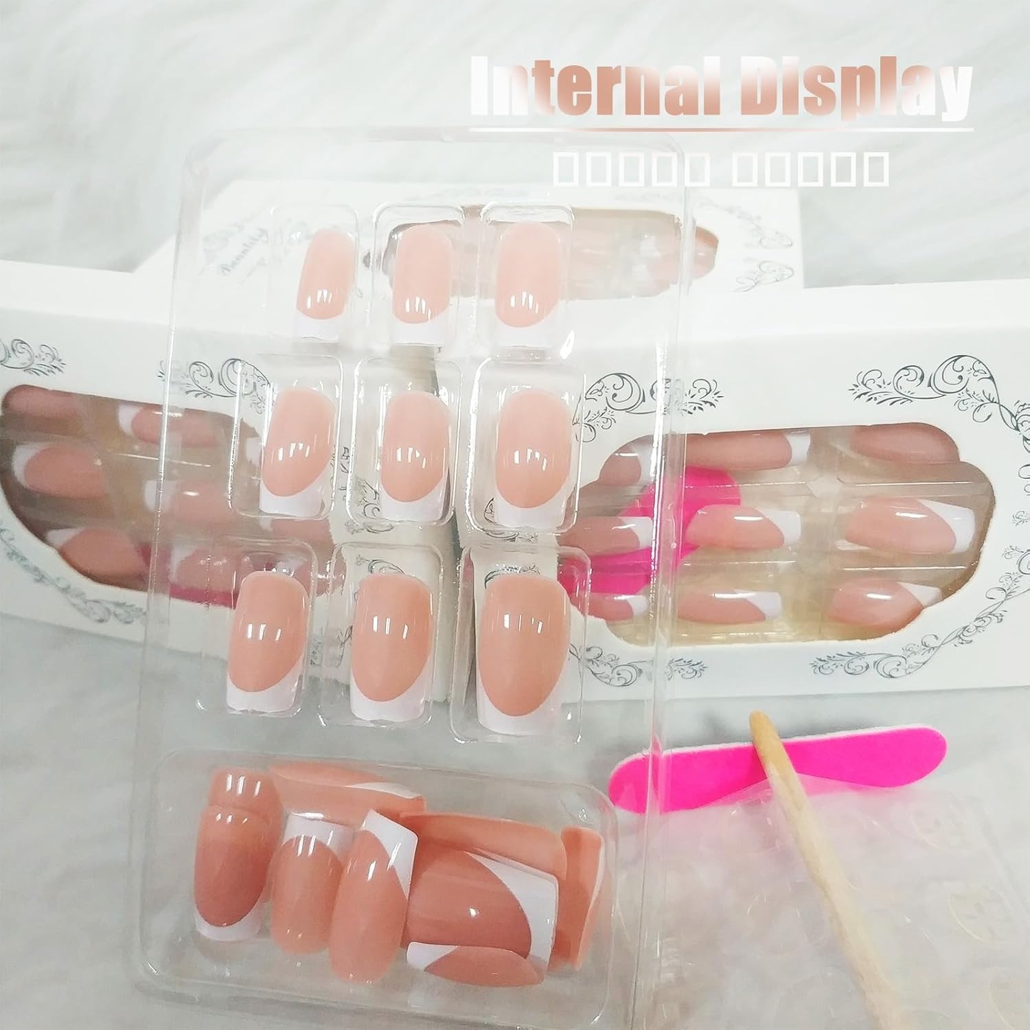 24Pcs White French Tips Press on Nails with Simple Design, Glossy Nude Medium-Sh