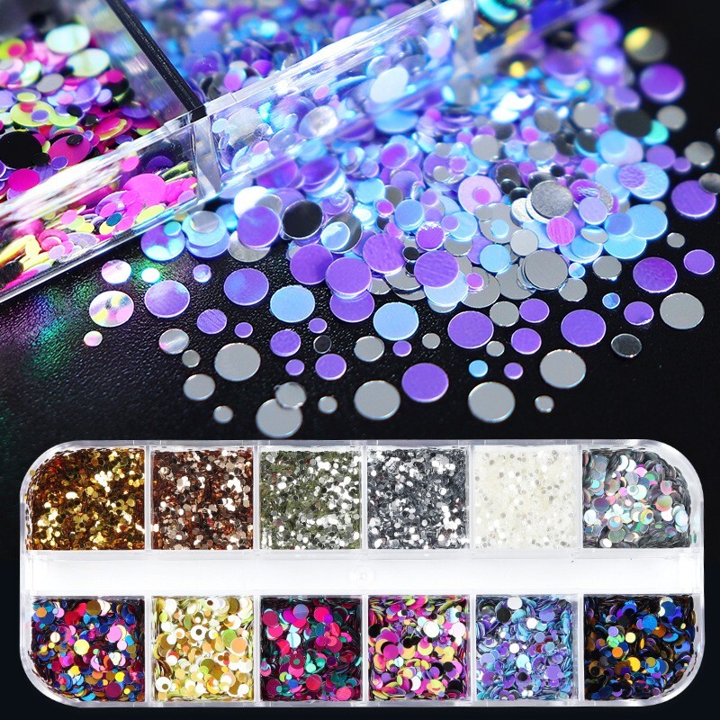 12 Grids Mixed Colors Round Dot Shape Nail Sequins Flakes Nail Art 3D Decoration