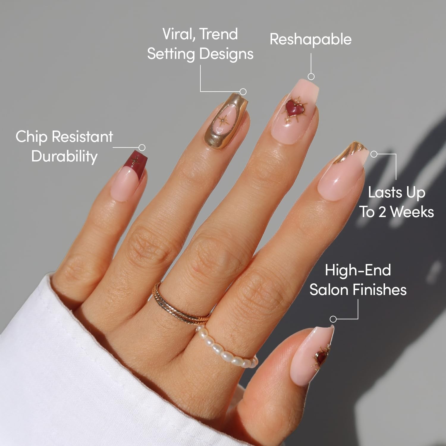 15 Sizes Queen of Hearts Nail Set – Gold Metallic, Red Tips