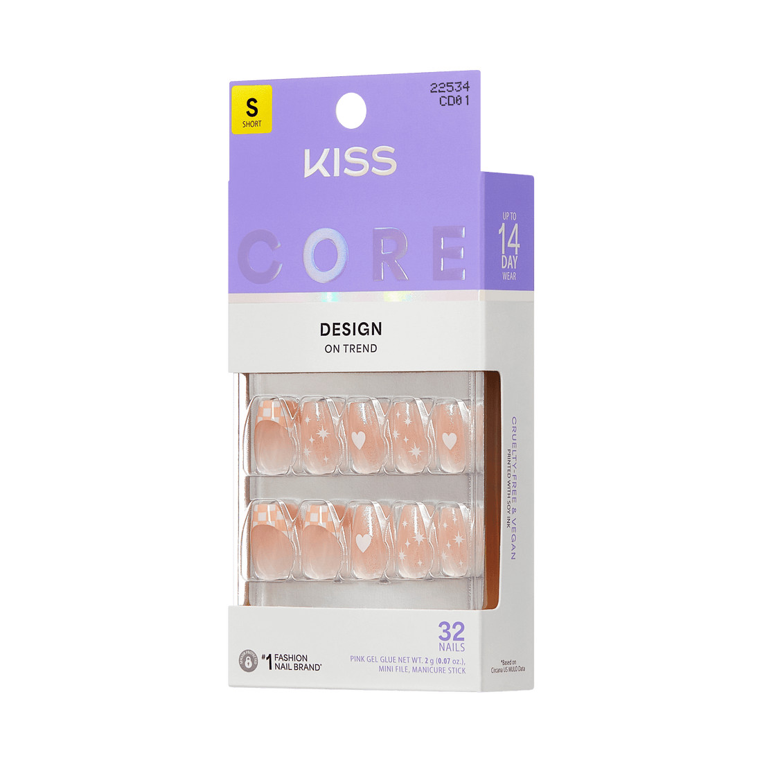 KISS 32 GLUE ON NAILS VALENTINES DAY CHEERS PINK SHORT COFFIN WITH WHITE HEARTS