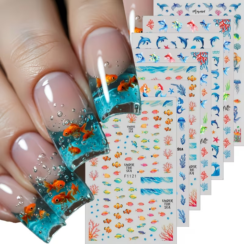 7pcs 3D Summer Ocean Jellyfish Goldfish Mermaid Nail Art Stickers – Cartoon