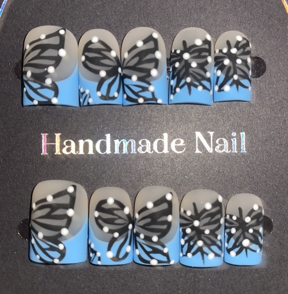 Size medium Short Square Full Cover Nails 3D Butterfly Design Blue Black Gray