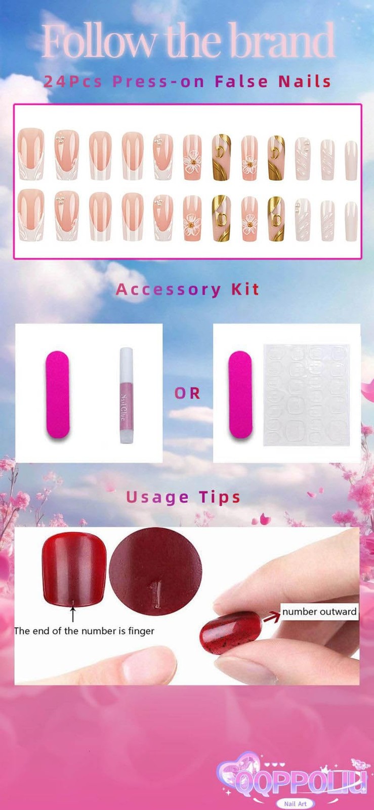 QQPPOLIU Square Press on Nails Long Pink Glue General,24, Various colors