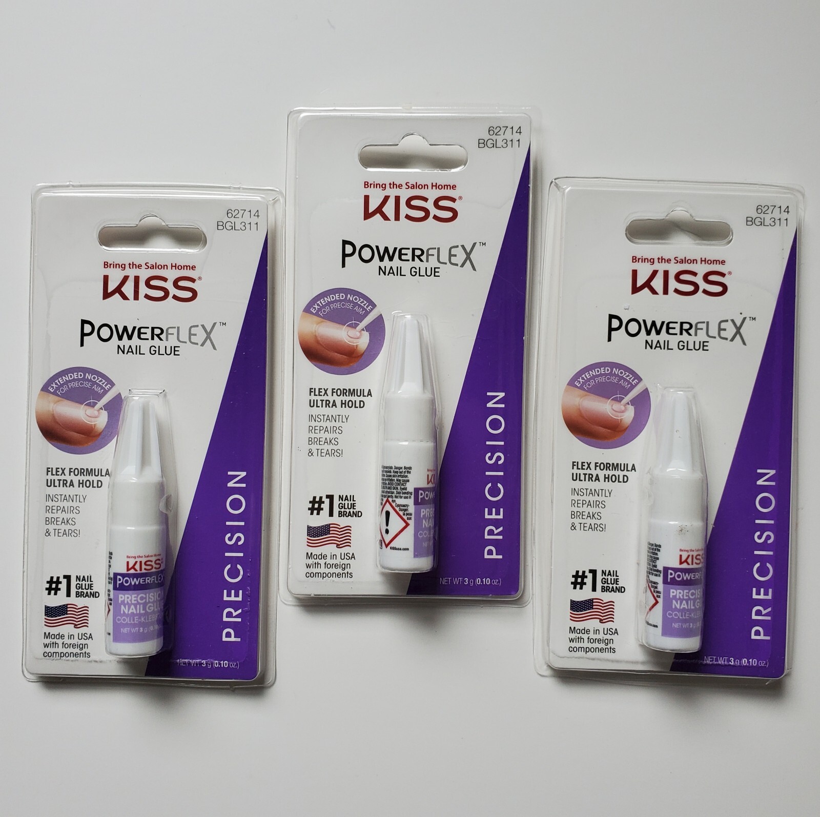 3 Kiss PowerFlex Nail Glue Precision 3 Pack Lot Ultra Hold Flex Formula 62714