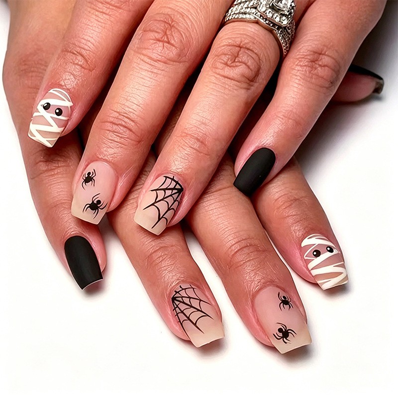 48Pcs-Medium Square Matte Black Nude Mummy Spider Web Halloween Press on Nails