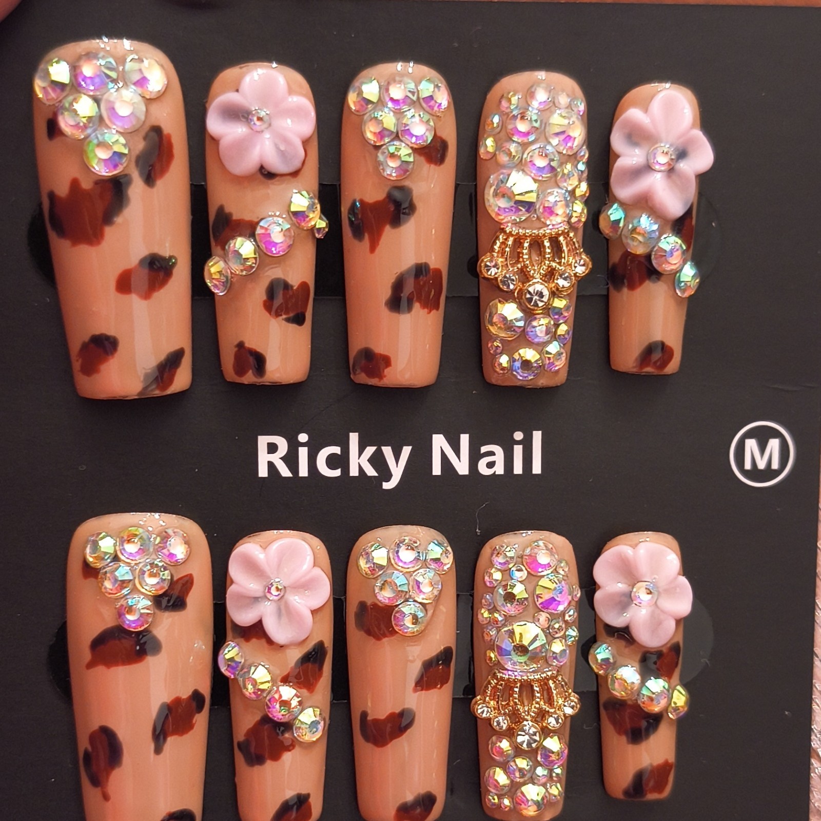 Ricky Nail Press-On Nails Long Coffin Beige Brown Pink 3D Flower Rhinestone Med