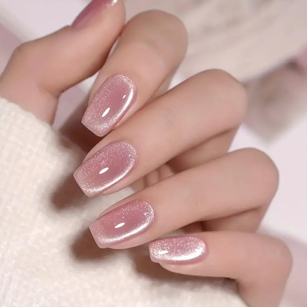 Sparkling Bare Pink Press on Nails Square Medium Shiny Glitter Nude Pink Fals…