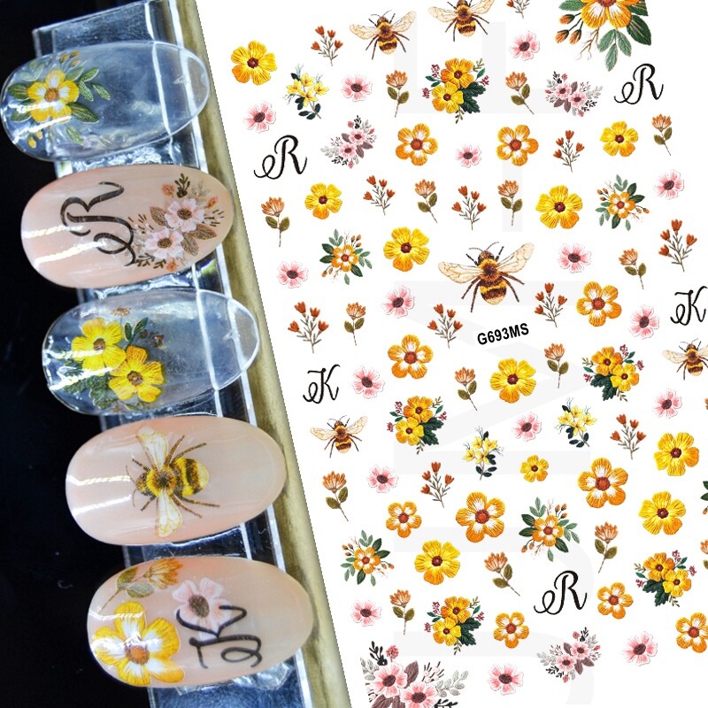 Honey bee Nail Sticker Ladybugs Yellow Daisy eR eK Flower Leaves