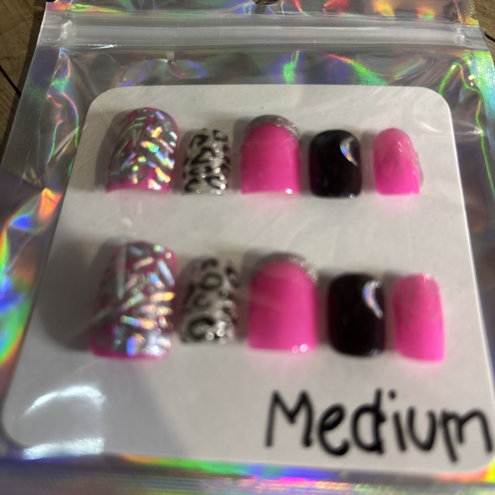 Silver, Pink And Black Press on Nails. Handpainted. Includes Prep Kit