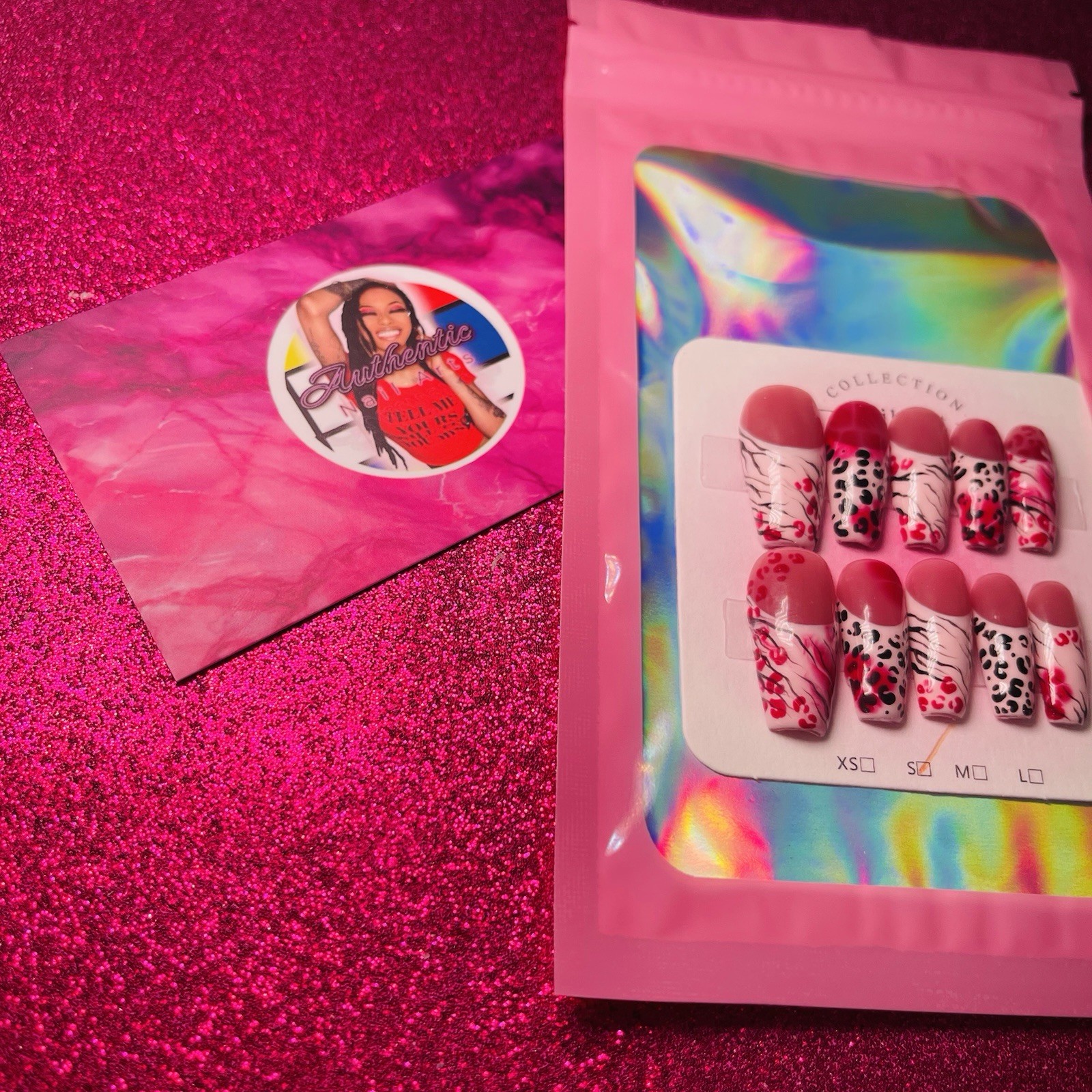 Long Coffin Press-On Nails Pink Red Black White Animal Print Shiny by Dia