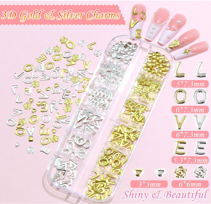 3 Sets See Pics Gold Nail Charms 160Pcs 3D Butterfly, Cherry Heart, Cross, Bow