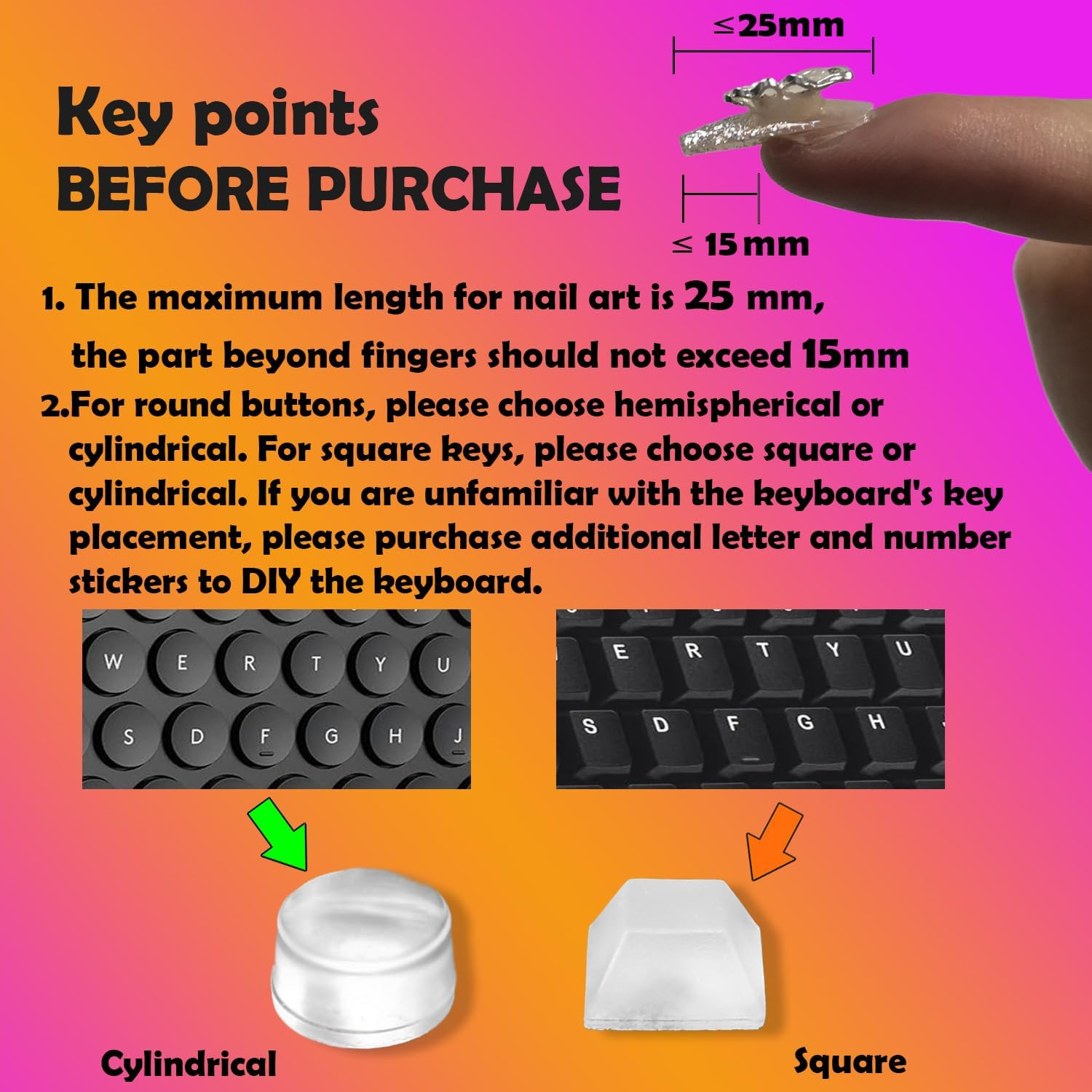 Raised Keyboard Sticker with DIY Character Decals for Nail Art Typing, Adhesive