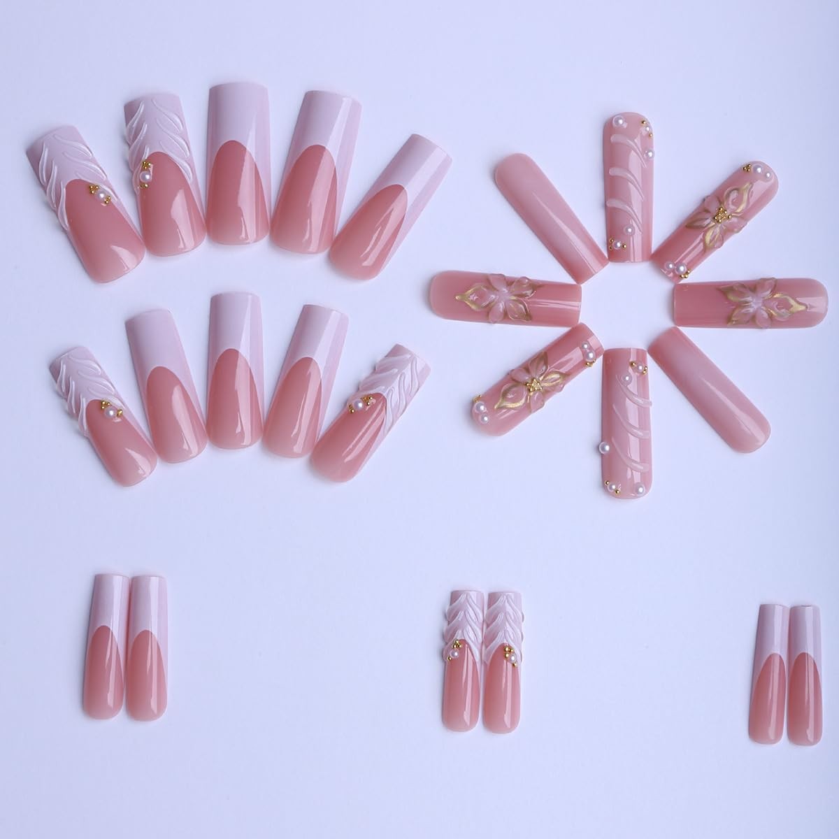 Press on Nails Square Long Acrylic Nails for Women 24pcs | White with PInk