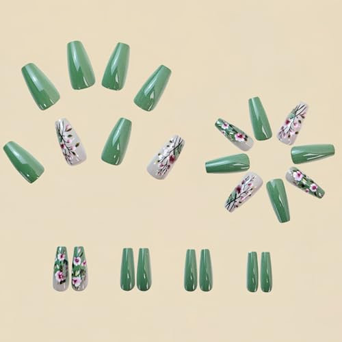Flower Press-on Nails, 24 Pcs, Green, Floral Modern, Coffin Flower Style3