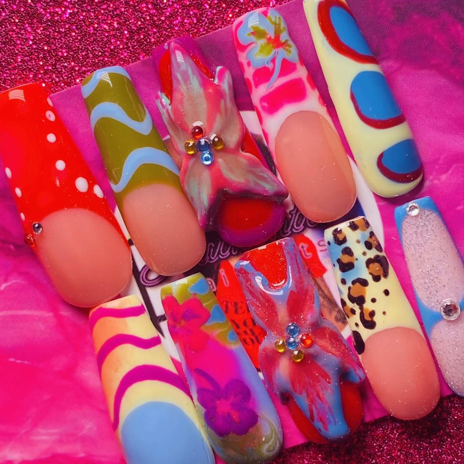 Authentic Nail Arts by Dia Long Coffin Press-On Nails Multicolor 3D Shiny