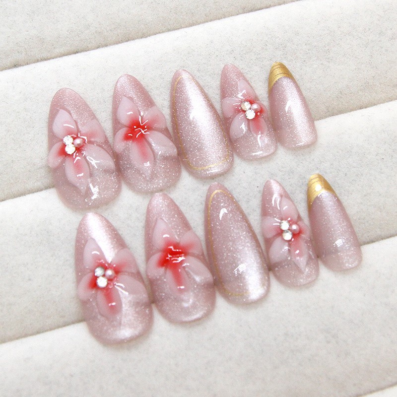 24pcs Nude Pink Glitter Press On Nail with 3D floral & Gold French Tip Almond