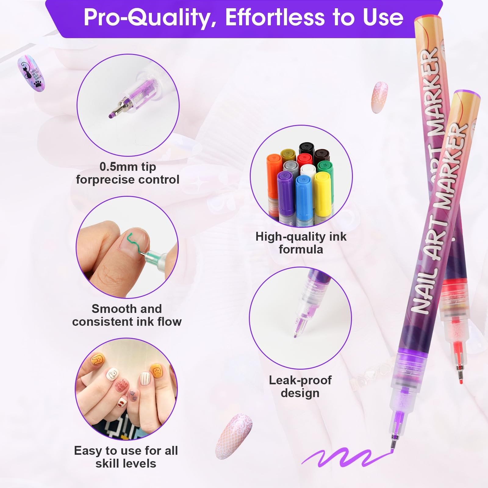 24 Color 0.5mm Fine Tip Nail Art Pen Set – Non-Toxic, Quick-Drying Nail Art M…