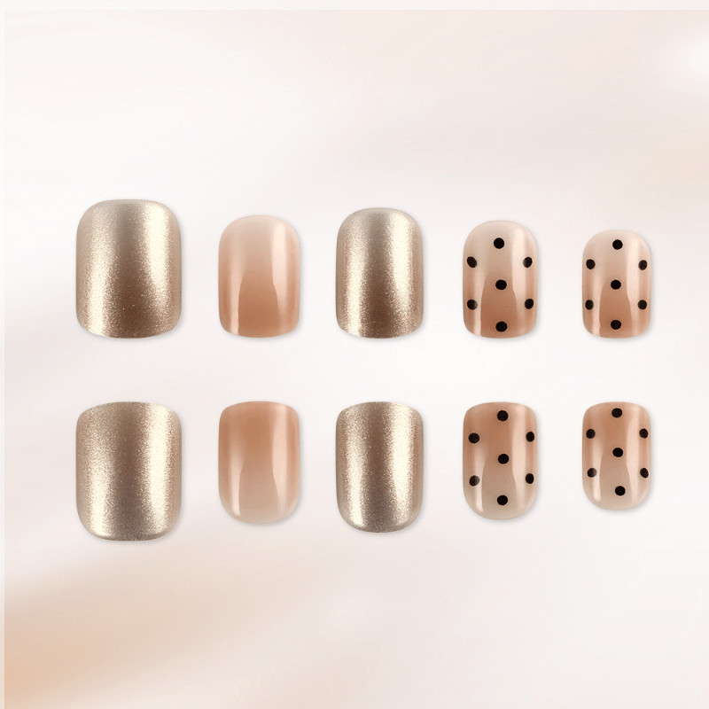 48Pcs Short Square Nude Gold Press on Nails Polka Dot Elegant Daily Casual Wear