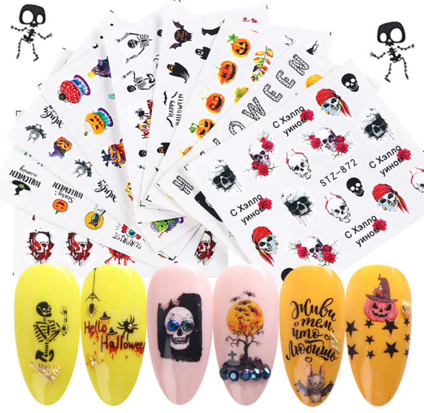 Nail Art Stickers Water Decal Transfer Halloween Cat Cobweb Pumpkin Skull NH15
