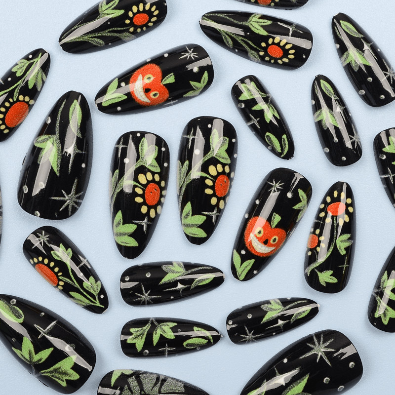 48Pcs-Long Almond Black Base Green Botanical Pumpkin Halloween Press on Nails