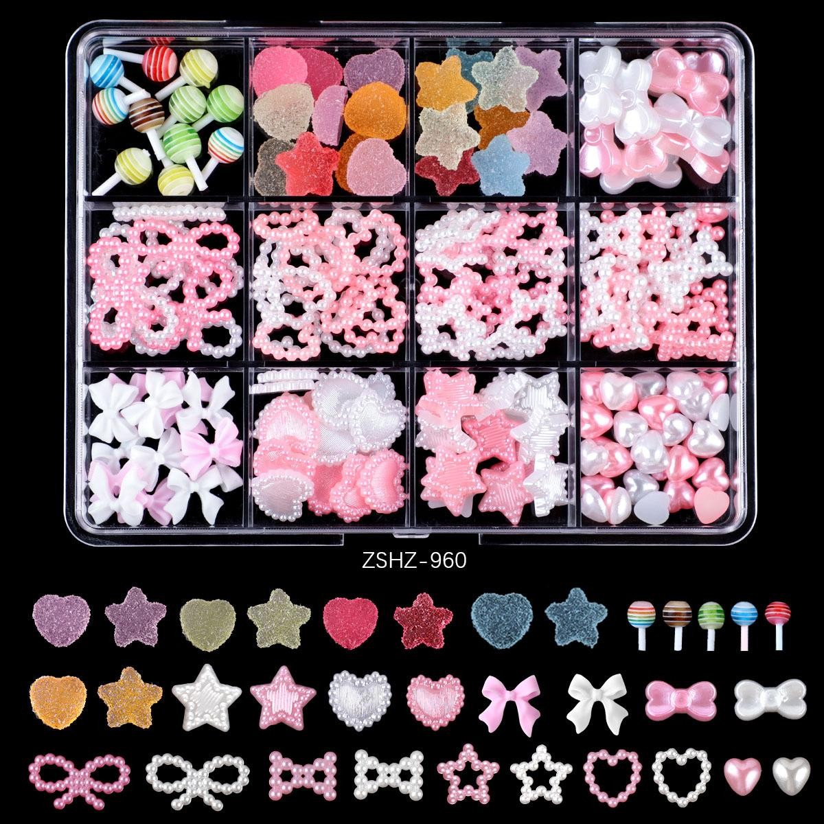Mixed Flatback Gems & Charms Kit, Bows Flowers Alloy Resin Nail Art Storage Box