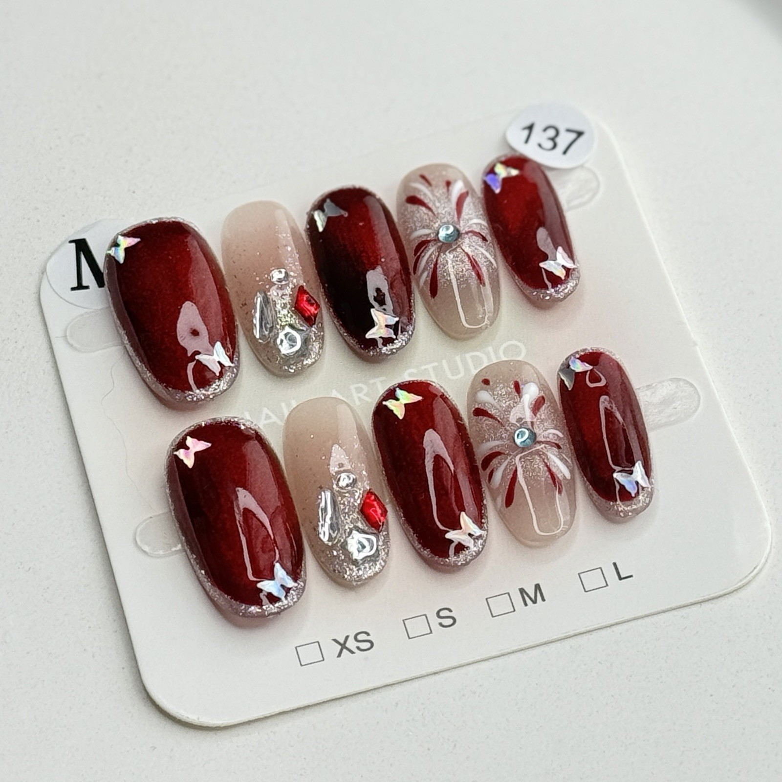 Handmade Red Fireworks Butterfly Press-On Nails Medium Oval SizeM Reusable