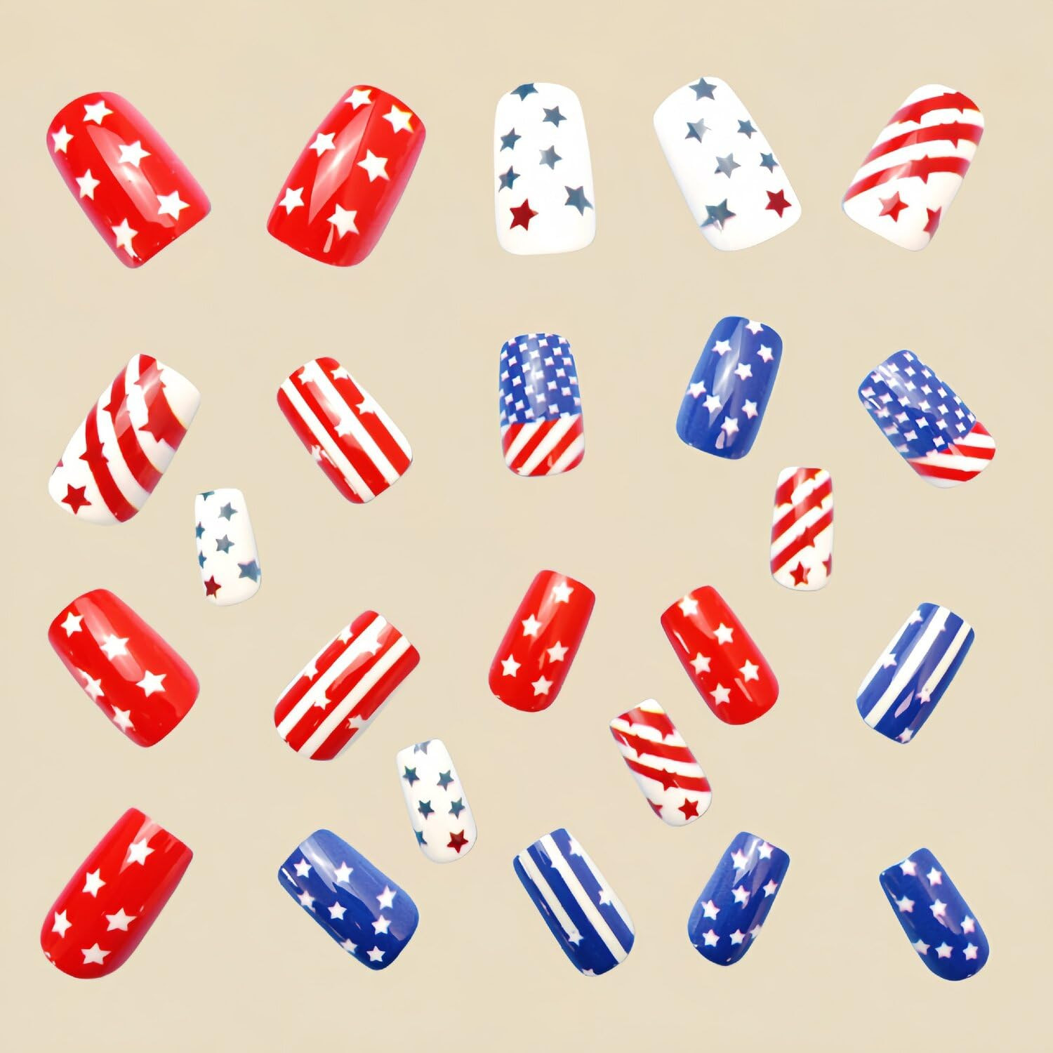 4Th of July Press on Nails Medium Square Fake Nails Red Blue False Nails with Li