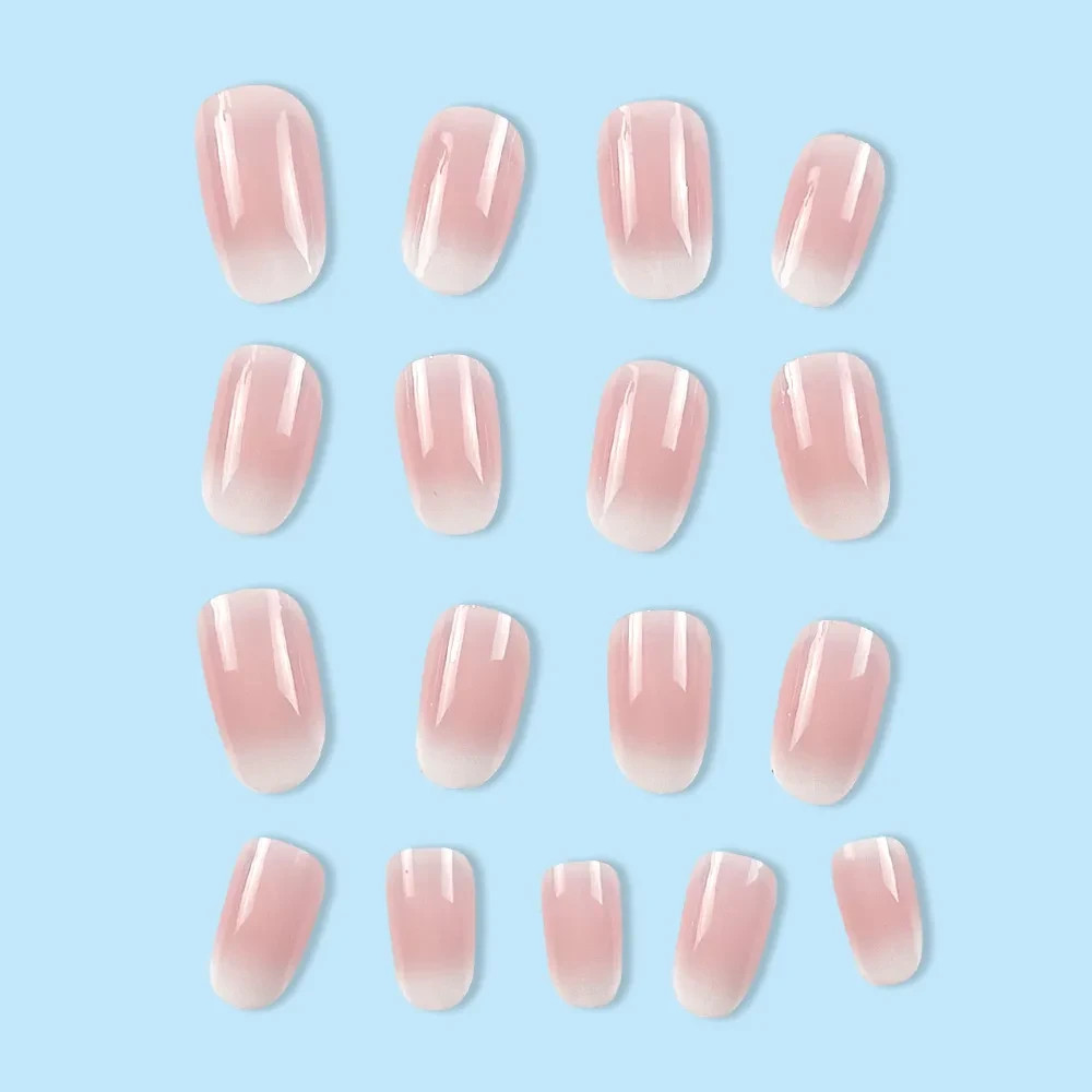 24Pcs Press On Nails Short Oval Pink White Ombre Minimalist False Nail Set Women